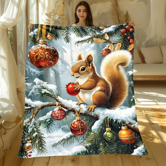 1pc Squirrel with Christmas Decor Blanket Lightweight Throw for Sofa Bed Travel Camping Livingroom Office Couch Chair and Bed Digital Printing Blanket with Soft and Warm Flannel