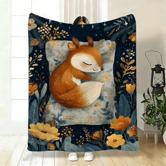 1pc Squirrel On Pillow 2D Flat Flannel Blanket, Soft and Warm, Ideal for Travel, Camping, Sofa, Livingroom, Couch, Chair, Bed, Gift for Family or Friends.