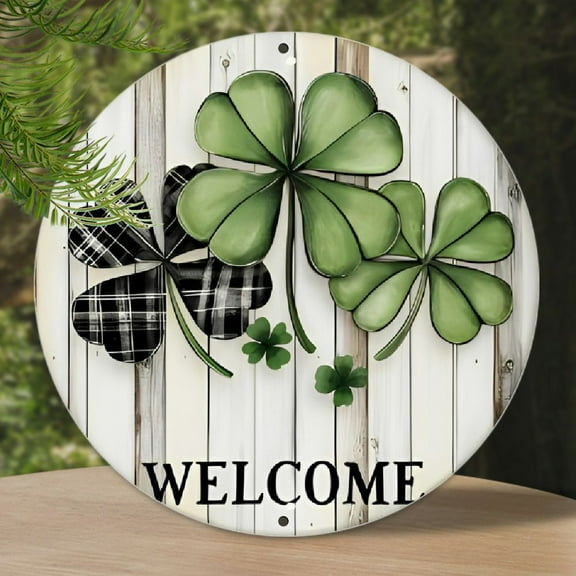 1pc St. Patrick'S Day Welcome Sign, Four-Leaf Clover Round Aluminum Metal, Vintage Garden Yard Decor, 8x8 Inch, with Pre-Drilled Hanging Hole, for Home, Living Room, Wall