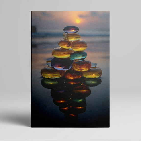 1pc Stacked Colorful Sea - Glass Stones at Sunset Framed Decor room hanging Wall Picture Decor for Home Gifts, living room, bathroom, bedroom, kitchen wall art decor canvas wall art