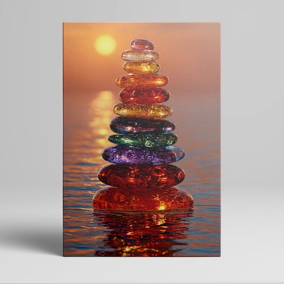 1pc Stacked Rainbow - Colored Glass Stones by the Water at Sunset Framed Decor room hanging Wall Picture Decor for Home Gifts, living room, bathroom, bedroom, kitchen wall art decor canvas wall art
