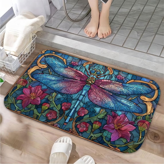 1pc Stained Glass Dragonfly Absorbent Non-Slip Bathroom Thickened Flannel Rug Decor,Soft,Quick Drying,Suitable For Indoor/outdoor Use,Bathrooms,Bedrooms,Kitchens,Terrace,Laundry Rooms,16"x24"