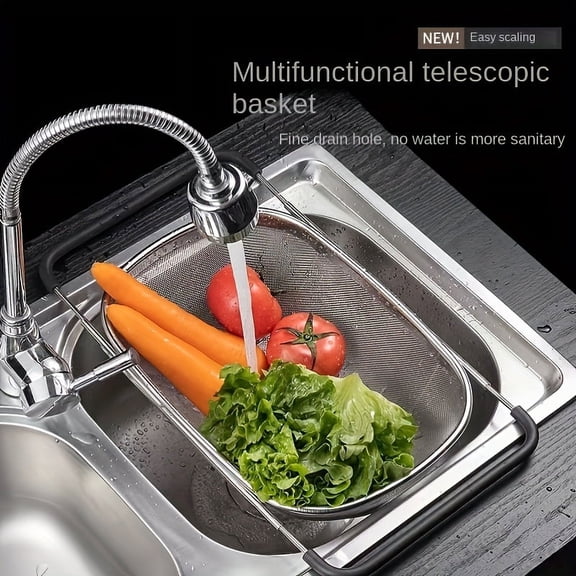 [1pc] Stainless Steel Adjustable Sink Colander | Multifunctional Strainer Basket | Fruit & Vegetable Washing Drain Rack | Durable Kitchen Gadget for Sink Use