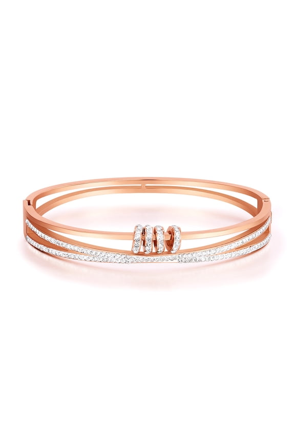 1pc Stainless Steel Bangles Cut Out Hinged Bangles with Grade AAA Cubic Zirconia Rose golden 2-1/4 inch(5.7cm)