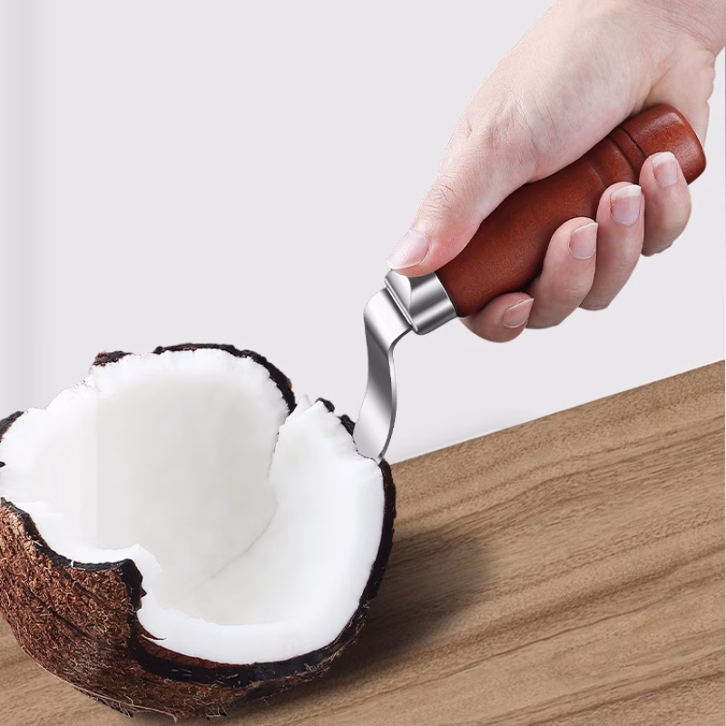 1pc Stainless Steel Coconut Meat Scraper with Wooden Handle, Efficient Easy Coconut Flesh Remover Tool for Kitchen Use
