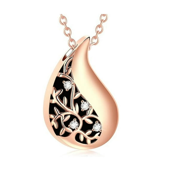 1pc Stainless Steel Cremation box Pet Memorial Cable Chain Necklace Rhinestone Teardrop Urn Ashes Pendants Necklaces for Women Men Rose golden 21.65 inch(55cm)