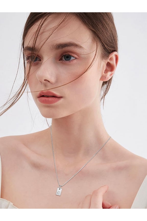 1pc Stainless Steel Letter Rectangle Pendant Necklaces Brass box Chain Necklaces for Women Men Lead Free & Nickel Free & Cadmium Free Stainless Steel color Letter C