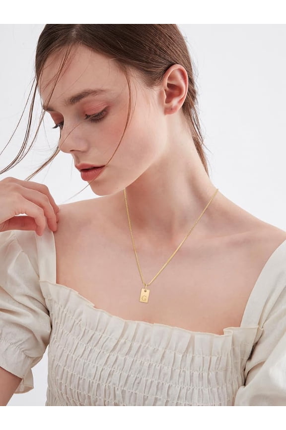 1pc Stainless Steel Letter Rectangle Pendant Necklaces Brass box Chain Necklaces for Women Men Lead Free & Nickel Free & Cadmium Free Golden Letter S