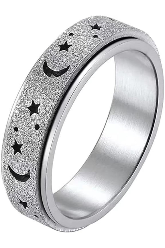 1pc Stainless Steel Moon and Star Rotatable Finger Ring Spinner Fidget Band Anxiety Stress Relief Ring for Women Stainless Steel color Size 7(17.3mm)