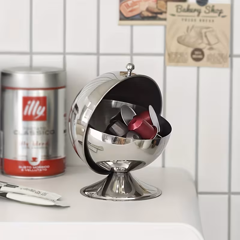 1pc Stainless Steel Sphere Storage Box Flip-Top Space-Saving Organizer