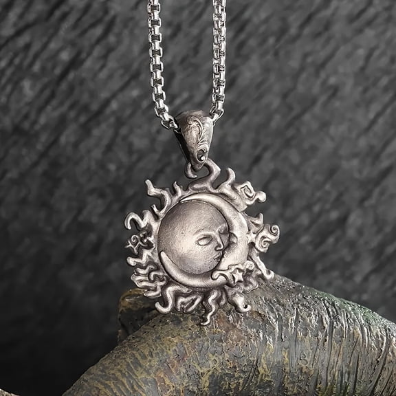1pc Stainless Steel Sun and Moon Kiss Pendant Necklace - Vintage Punk Style,, Ideal for Couples, Anniversary Gift, Couples Necklace|Celestial Theme|Stainless Steel Jewelry,Silver