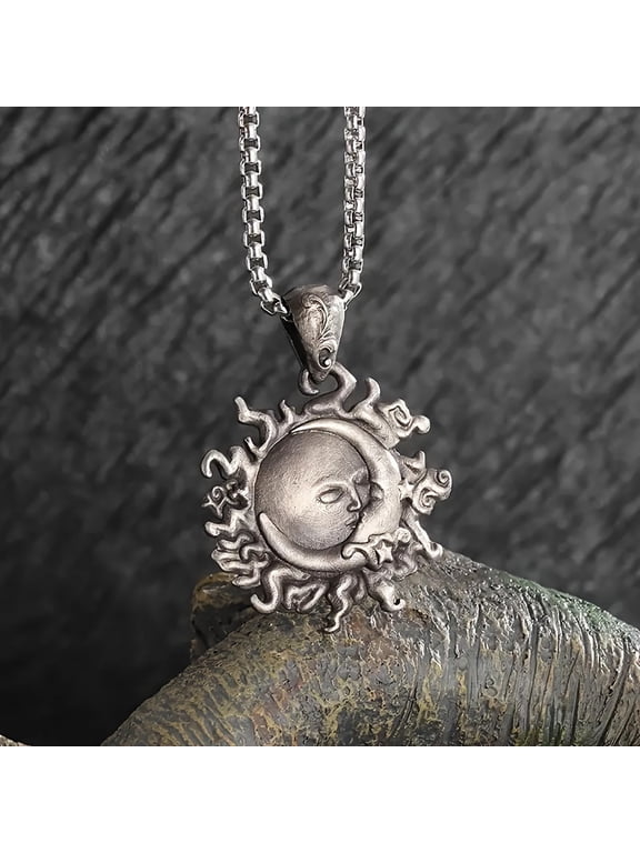 1pc Stainless Steel Sun and Moon Kiss Pendant Necklace - Vintage Punk Style,, Ideal for Couples, Anniversary Gift, Couples Necklace|Celestial Theme|Stainless Steel Jewelry,Silver