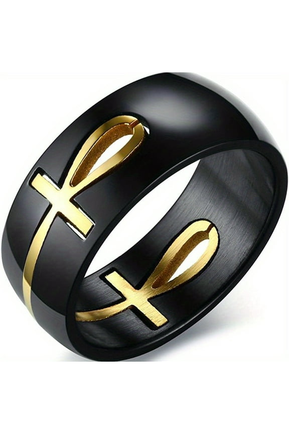1pc Stainless Steel Unique Boho 2-Tone Black and Golden Ankh Cross Symbol Ring for Men - Egyptian-Inspired Wedding Band, Hypoallergenic and Comfortable to Wear, Durable Construction,Black8