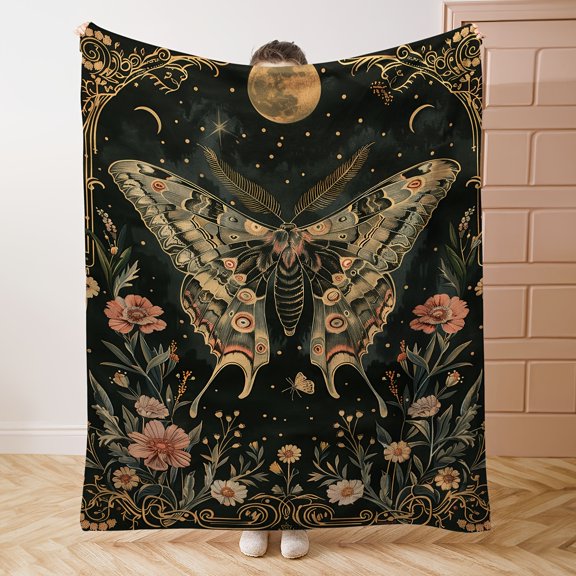 1pc Starry Moon Moth Floral Print Flannel Shaggy Blanket - Digitally Printed, Soft, Warm And Versatile For Sofas, Beds, Cars, Offices, Camping And Travel - The Perfect Gift For All Seasons