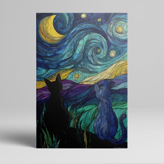 1pc Starry Night - Inspired Canvas Wall Art with Two Cats Silhouettes, framed Decor room hanging Wall Picture Decor for Home Gifts, living room, bathroom, bedroom, kitchen wall art decor canvas wall