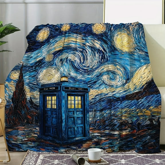 1pc Starry Night TARDIS Fleece Blanket - A Comfortable, Soft Polyester Wrap with A Doctor Who Inspired Design for Sofas, Beds, Cars, Offices, Camping And Travel
