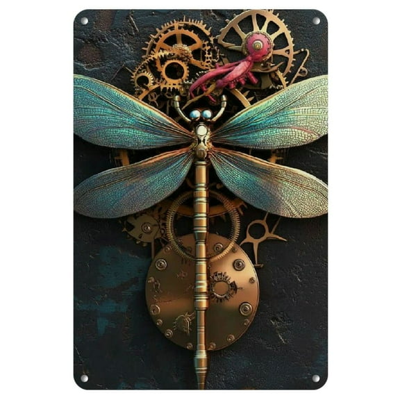 1pc Steampunk Dragonfly Wall Art, 8x12 Inch - Vintage Gear-Themed Iron Decor with Mechanical & Nature Motifs, Waterproof Metal Poster for Indoor/Outdoor Use, Perfect for Garage & Garden