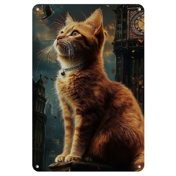 1pc Steampunk Fantasy Orange Tabby Cat & Clock Tower Metal Wall Art, Iron Sign for Home, Christmas, Halloween, Beach Party, Anniversary Decor, 12x8 inches