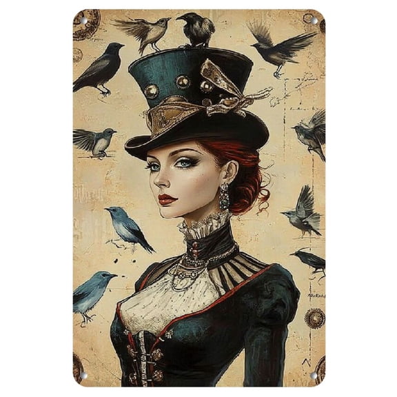 1pc,, Steampunk Lady with Birds Wall Art, Vintage Metal Tin Sign, 8x12 inches, Rustic Decor for Dorm, Bar, Cafe, Kitchen, Home, Halloween Christmas Gift, Iron Craft Tool for Scrapbooking and Stamping