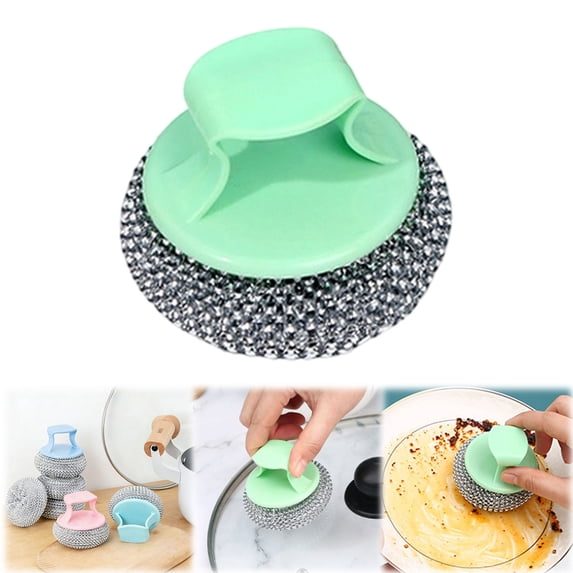 1pc Steel Wool Dish Scrubbers(with Non-Hurt Hand Strap Handle) for Dishes Pot Round Steel Pad, Mesh Scouring Non Scratch Pads -Green