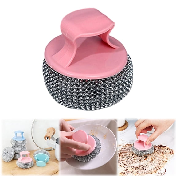1pc Steel Wool Dish Scrubbers(with Non-Hurt Hand Strap Handle) for Dishes Pot Round Steel Pad, Mesh Scouring Non Scratch Pads -Pink