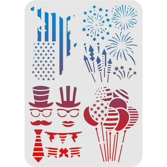 1pc Stencils 11.7x8.3 inch Plastic American Flag Map Stencils Fireworks Balloons Magician Pattern Stencils Reusable Stencils for Painting on Wood Floor Wall and Tile White