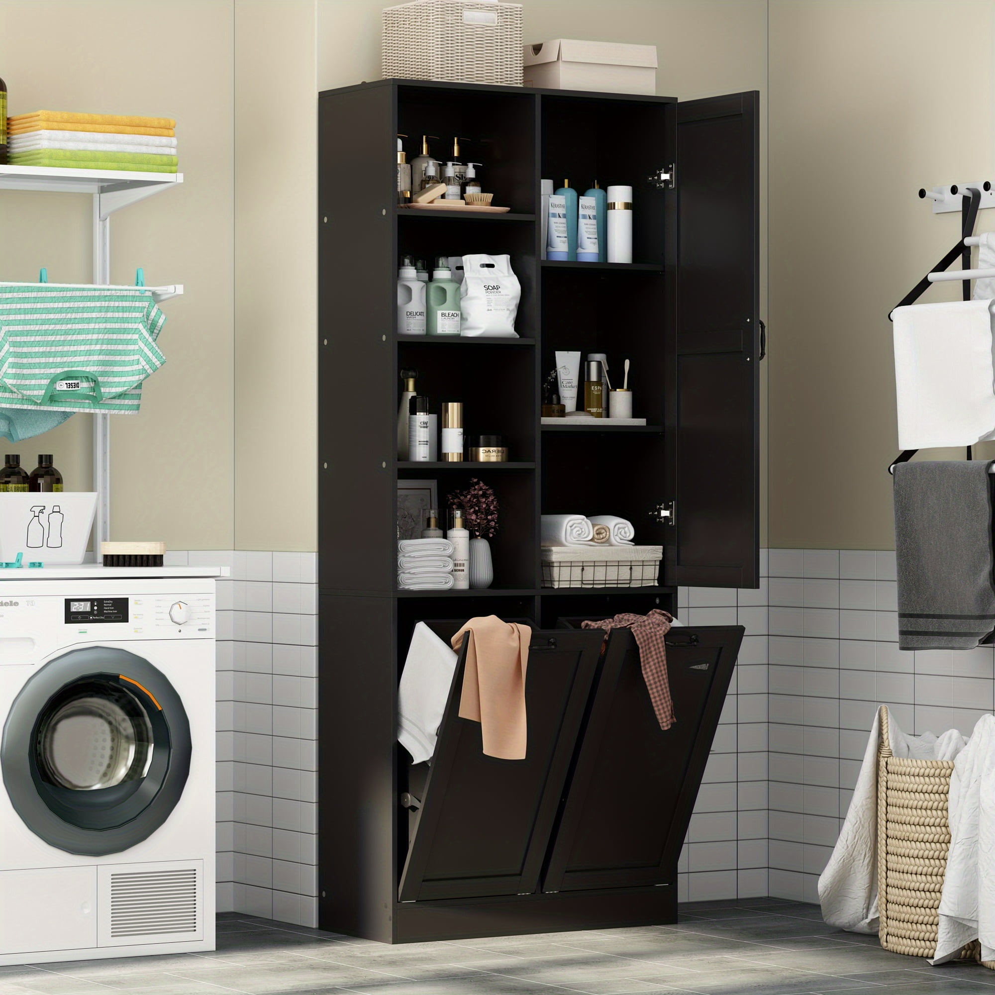 1pc Storage With Laundry Hamper Tilt Out Laundry Basket