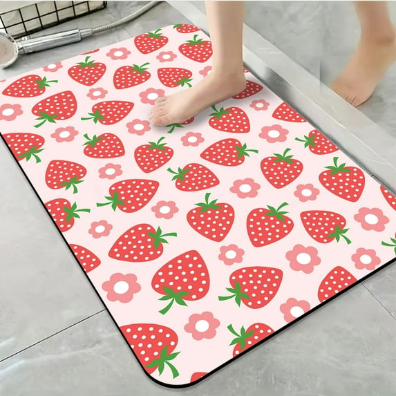 1pc Strawberry and Flower Bathroom Rug Bathroom Decor and Accessories- Durable,Anti Slip,And Quick Drying,Suitable For Indoor/outdoor Use - Perfect For Bathrooms,Bedrooms,Kitchens