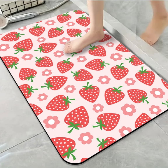 1pc Strawberry and Flower Bathroom Rug Bathroom Decor and Accessories- Durable,Anti Slip,And Quick Drying,Suitable For Indoor/outdoor Use - Perfect For Bathrooms,Bedrooms,Kitchens