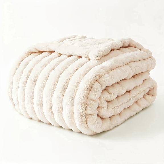 ROSEKIND Striped Blanket, Premium Faux Fur Touch Ribbed Throw for Sofa and Bed, Cozy Gift for Adults and Friends, 40''x60'', Ivory Cream