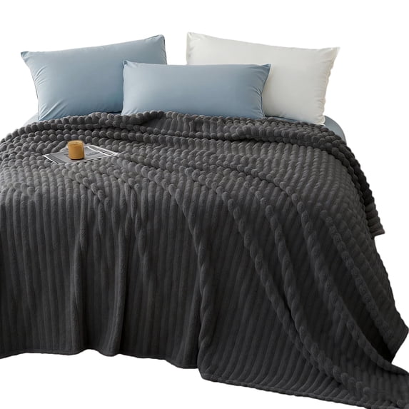 ROSEKIND Striped Blanket, Premium Faux Fur Touch Ribbed Throw for Sofa and Bed, Cozy Gift for Adults and Friends, 80''x90'', Charcoal Slate
