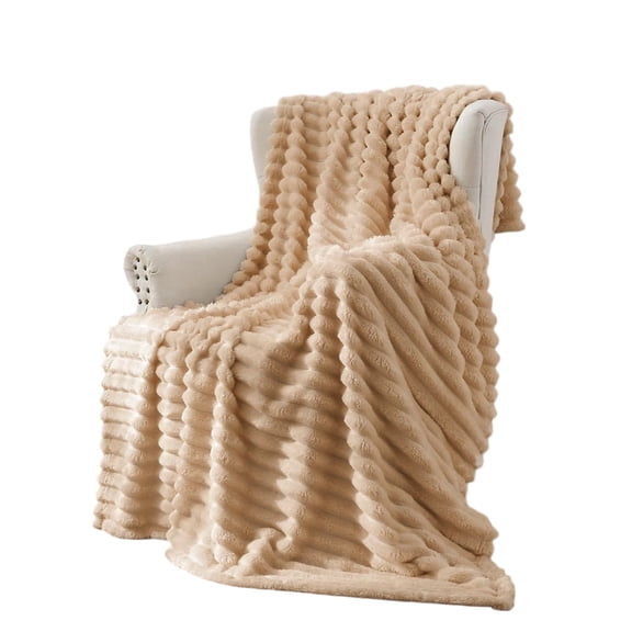 ROSEKIND Striped Blanket, Premium Faux Fur Touch Ribbed Throw for Sofa and Bed, Cozy Gift for Adults and Friends, Warm Oatmeal