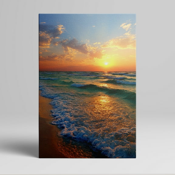 1pc Stunning Beach Sunset Canvas Wall Art - The sun dips below the horizon, casting a warm glow over the gentle waves rolling onto the sandy shore. Framed Decor room hanging Wall Picture Decor for
