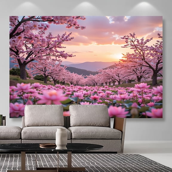 1pc -Style Cherry Blossom tapestry - Large Realistic Sakura Flowers & Mountain Scenery with Pink Petals, -like Hanging (No Tape/Electricity) for Walls, Doors, Parties, Weddings, Spring Events Durable