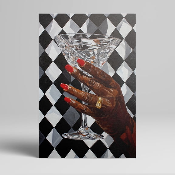 1pc Stylish Black - Hand with Red Nails Holding a Martini Glass against a Black - and - White Checkered Background Framed Decor room hanging Wall Picture Decor for Home Gifts, living room, bathroom,