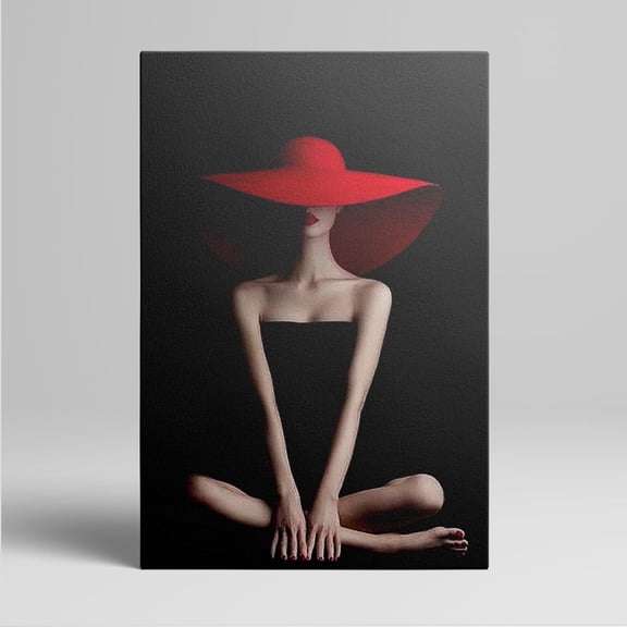 1pc Stylish Fashion - Inspired Canvas Wall Art of a Woman in a Dramatic Red Hat and Black Dress, framed Decor room hanging Wall Picture Decor for Home Gifts, living room, bathroom, bedroom, kitchen
