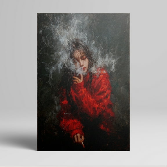 1pc Stylish Girl in Red Smoking with Dramatic Smoke Effect Framed Decor room hanging Wall Picture Decor for Home Gifts, living room, bathroom, bedroom, kitchen wall art decor canvas wall art