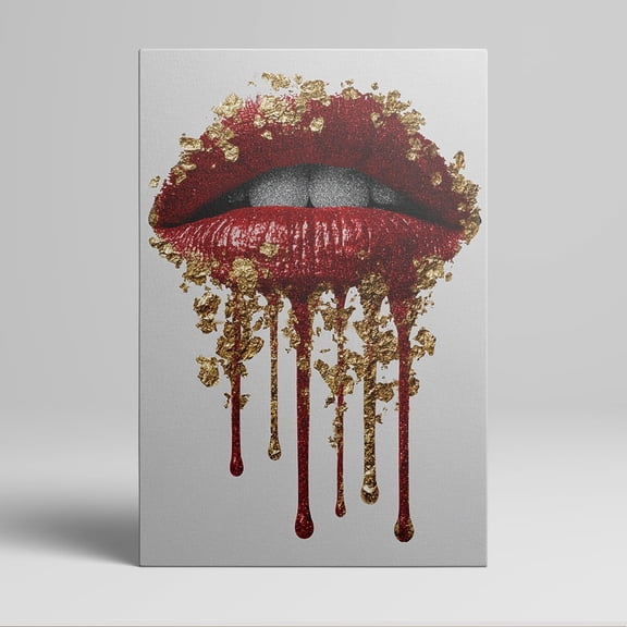 1pc Stylish Red Lips with Gold Foil Drips Canvas Wall Art, framed Decor room hanging Wall Picture Decor for Home Gifts, living room, bathroom, bedroom, kitchen wall art decor canvas wall art