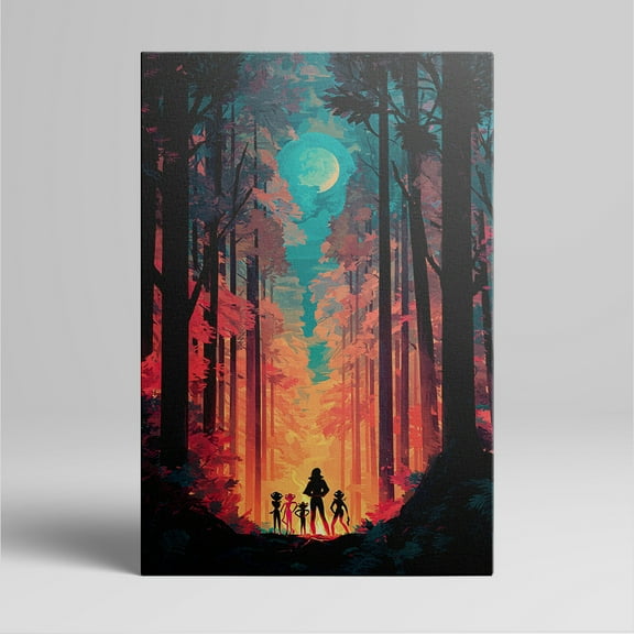 1pc Stylish Retro - inspired Forest Night Scene Canvas Wall Art with a Group of Silhouetted Figures, framed Decor room hanging Wall Picture Decor for Home Gifts, living room, bathroom, bedroom
