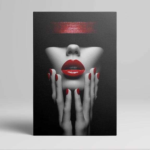 1pc Stylish Sexy Female Portrait Canvas Wall Art with Red - Lipped and Red - Manicured Hands, Black Background, framed Decor room hanging Wall Picture Decor for Home Gifts, living room, bathroom