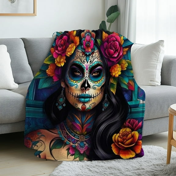 1pc Sugar Skull Flannel Blanket - Mexican Day of the Dead Design with Calavera Woman & Floral Print, Soft Warm All-Season Throw for Couch, Bed, Sofa |   Vibrant Multicolor Day of the Dead Decor, Mac