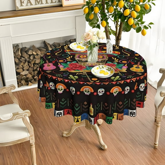1pc Sugar Skull Guitar Cactus 2D Printed Round Tablecloth, Fiesta Table Cover for Patio Dinners, Day of the Dead Decor, Christmas Gift for Home Decor Hosts