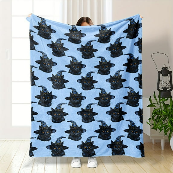 1pc Suige Home Lodge Style Flannel Blanket - Black Cats on Blue Digital Print, All-Season Multipurpose Polyester Knitted Throw, 250-300gsm