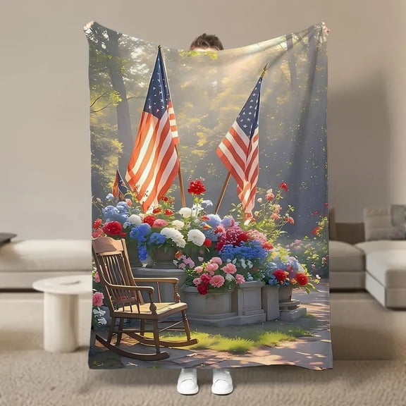 1pc Summer Garden Scene for Memorial Day with Patriotic Themes Featuring The American Flag And Flowers a July 4Th Gift Fleece Blanket