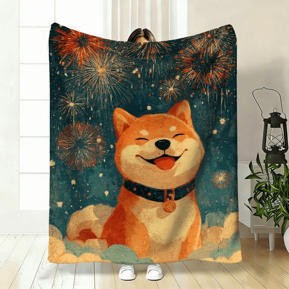 1pc, Summer Night Fireworks and Cute Akita, Pet Dog, Animal, Soft and Warm Printed Blanket, Great Holiday Gifts for Classmates, Friends.