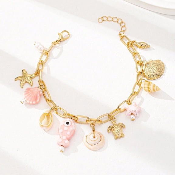 1pc Summer Ocean Life Theme Bracelet, Beach Style Starfish & Shell Pendant Bracelet, Bohemian Vacation Jewelry For Women