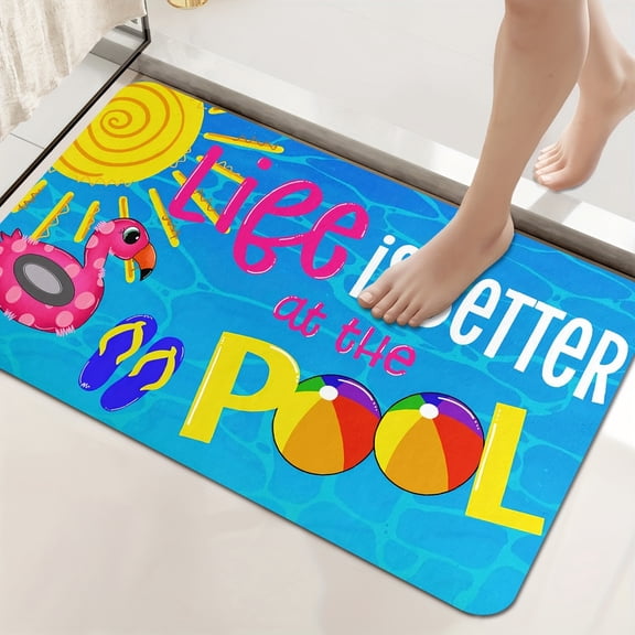 1pc Summer Pool Beach Mat, Welcome to Our Swimming Pools Spring/Summer Outdoor Theme Machine Washable Polyester Pad for Bathroom Living Room Bedrooms Kitchen & Office