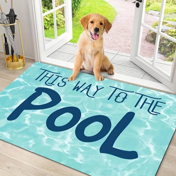 1pc Summer Poolside Fun Welcome Mat, Non-Slip Flannel Mat with "This Way To The POOL" Design, Indoor Outdoor Doormat, 30x18in