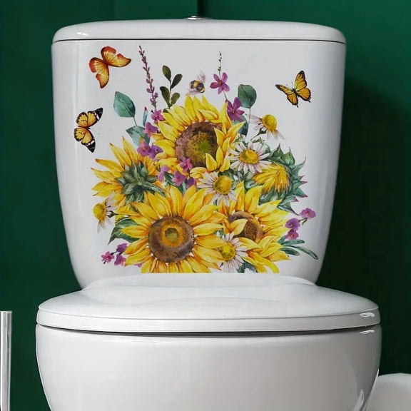 1pc Sunflower Butterfly Pattern Toilet Lid Decal, Self-adhesive Toilet Sticker, Creative Decorative Wall Sticker, Bathroom Accessories, Home Decor