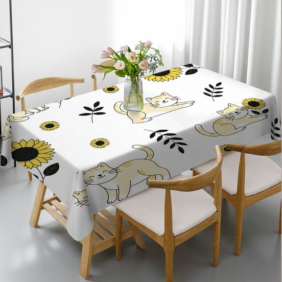 1pc Sunflower Garden Cats Print Rectangular Tablecloth, Kitchen Accessories Festive Table Setting, Sunflower Garden Cats